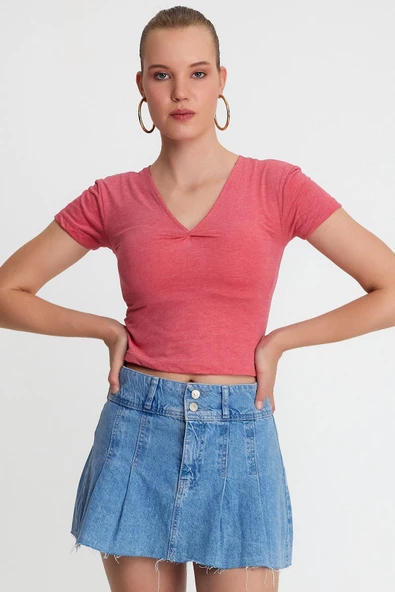 Kadın V Yaka Basic T-shirt Nar Çiçeği - 3