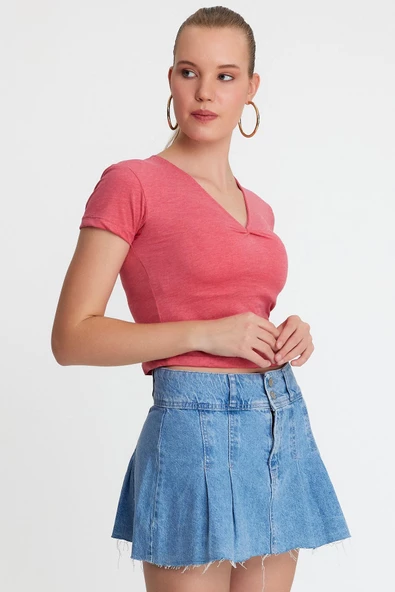 Kadın V Yaka Basic T-shirt Nar Çiçeği - 12