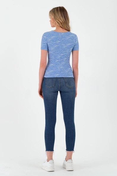 Kadın Basic Kaşkorse Kumaş T-shirt Mavi - Resim 10