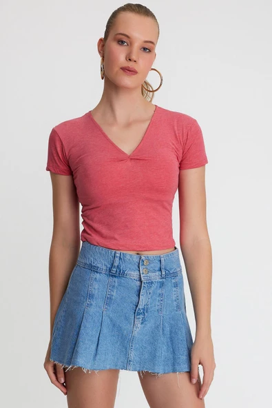 Kadın V Yaka Basic T-shirt Nar Çiçeği - 6