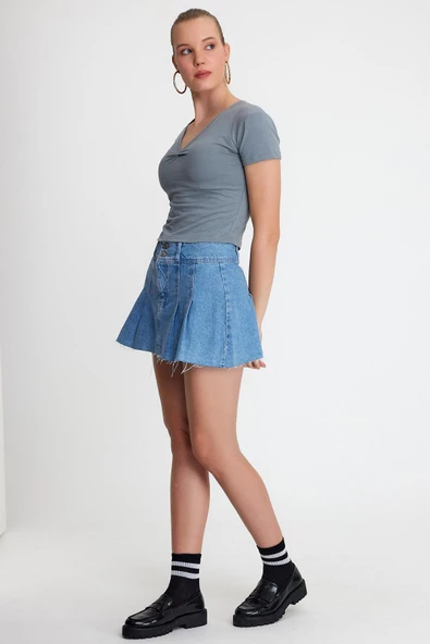 Kadın V Yaka Basic T-shirt  Antrasit - Resim 12