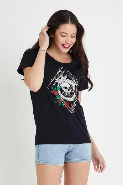 Kadın Baskılı T-shirt  Siyah - Resim 12