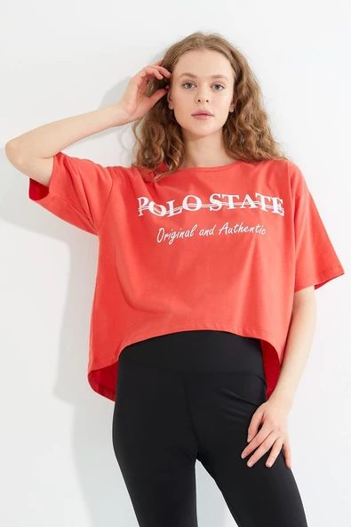 Kadın Baskılı Oversize T-shirt  Oranj - Resim 9