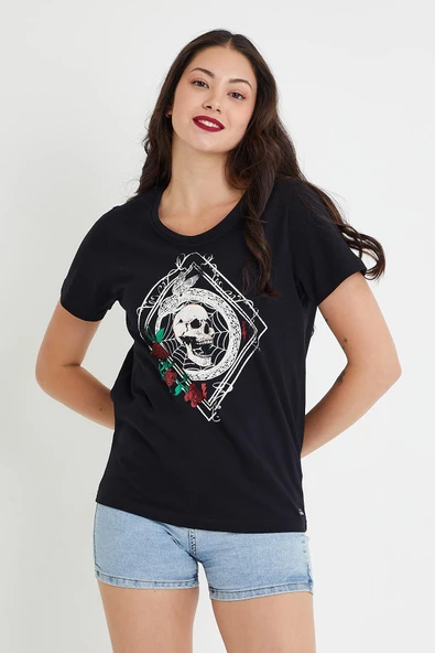 Kadın Baskılı T-shirt  Siyah - Resim 3