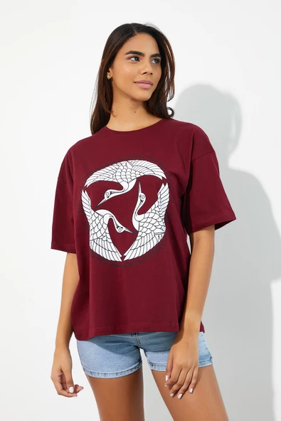 Kadın Baskılı Oversize T-shirt Bordo