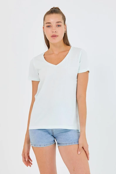 Kadın %100 Pamuk V Yaka Regular Kalıp T-shirt Su Yeşili - 5