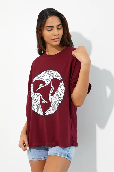 Kadın Baskılı Oversize T-shirt Bordo - Resim 8