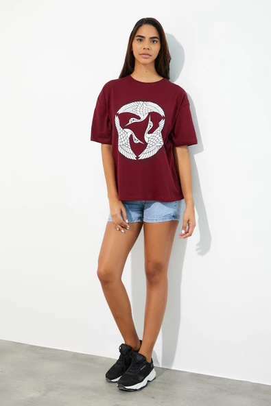 Kadın Baskılı Oversize T-shirt Bordo - Resim 7