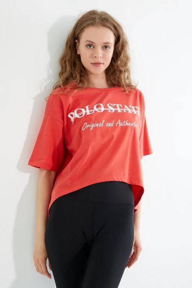 Kadın Baskılı Oversize T-shirt  Oranj - Resim 3