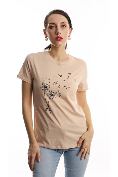 Kadin Bisiklet Yaka Baskılı Basic Tişört Bej ürün görseli 1