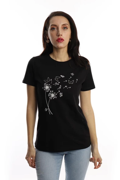 Kadin Bisiklet Yaka Baskılı Basic Tişört Siyah ürün görseli 1