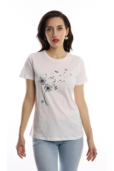 Kadin Bisiklet Yaka Baskılı Basic Tişört Beyaz ürün görseli 1