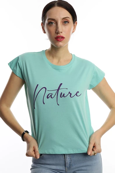 Kadın Nature Yazı Baskılı Crop Tişört Turkuaz - Resim 3