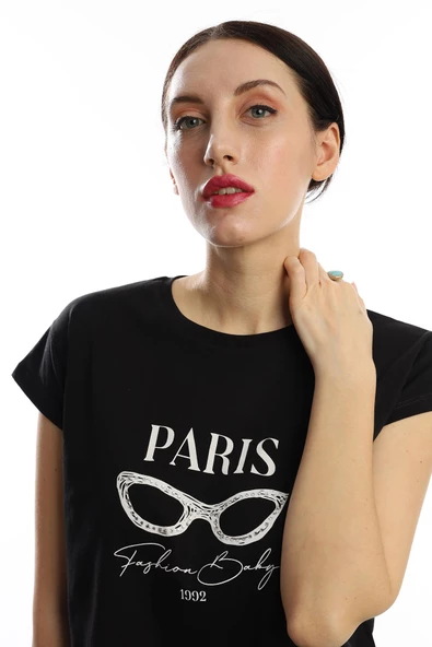 Kadın Paris Yazı Baskılı Crop Tişört Siyah - Resim 3