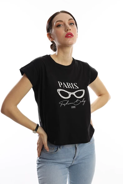 Kadın Paris Yazı Baskılı Crop Tişört Siyah - Resim 2