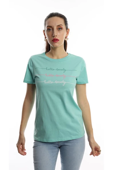 Kadın Hello Lovely Yazı Baskılı Tişört Turkuaz - 1