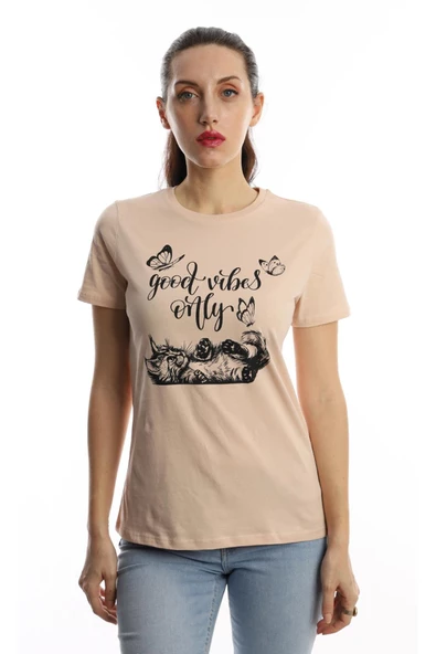 Kadın Good Vibes Only Yazı Baskılı Tişört Bej ürün görseli 1