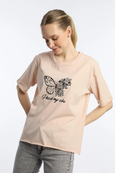 Kadın Kelebek Baskılı Oversize Tişört Bej - Resim 2