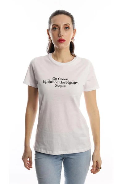 Kadın Bisiklet Yaka Regular Fit Baskılı Tişört Beyaz ürün görseli 1