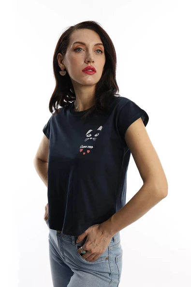 Kadın Bisiklet Yaka Game Over Kedi Baskılı Regular Fit Tişört Lacivert - Resim 2