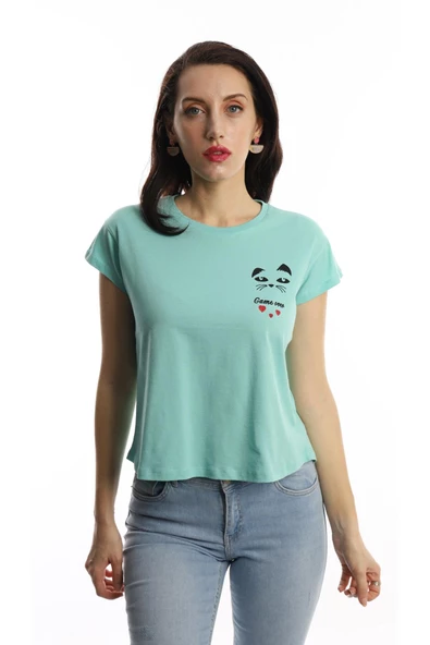 Kadın Bisiklet Yaka Game Over Kedi Baskılı Regular Fit Tişört Turkuaz - 1