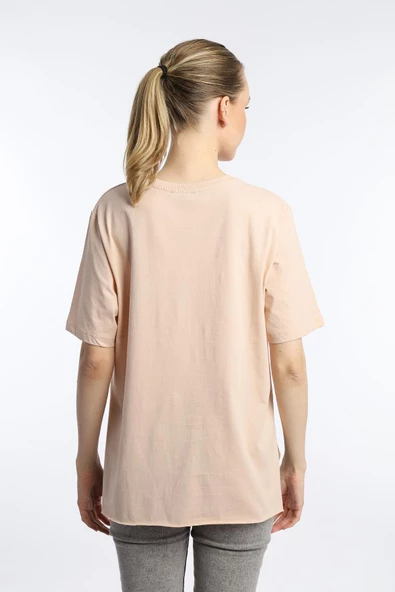 Kadın Kelebek Baskılı Oversize Tişört Bej - Resim 3