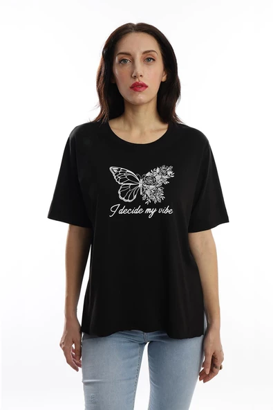 Kadın Bisiklet Yaka Kelebek Baskılı Oversize Tişört Siyah ürün görseli 1