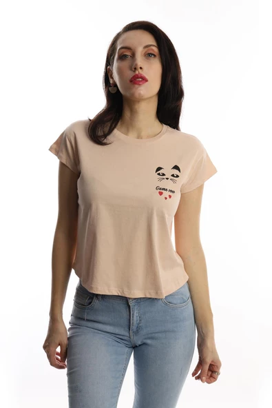 Kadın Bisiklet Yaka Game Over Kedi Baskılı Regular Fit Tişört Bej ürün görseli 1
