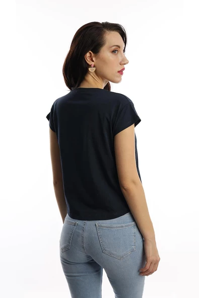 Kadın Bisiklet Yaka Game Over Kedi Baskılı Regular Fit Tişört Lacivert - Resim 4