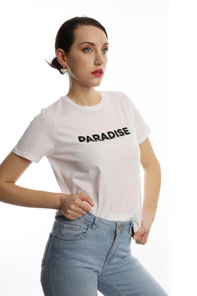Kadın Bisiklet Yaka Paradise Baskılı Regular Fit Tişört Beyaz - 2