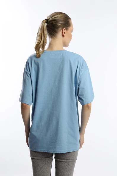 Kadın Oversize Bisiklet Yaka Tişört Mavi - 4