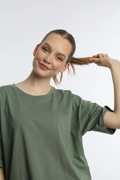 Kadın Oversize Bisiklet Yaka Tişört Yeşil - Resim 4