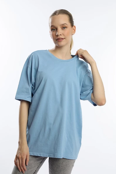 Kadın Oversize Bisiklet Yaka Tişört Mavi - 3