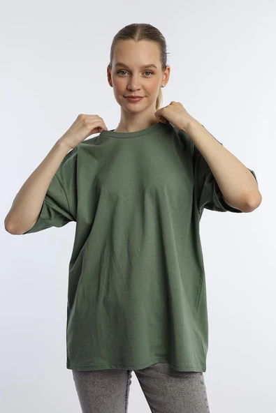 Kadın Oversize Bisiklet Yaka Tişört Yeşil - Resim 2