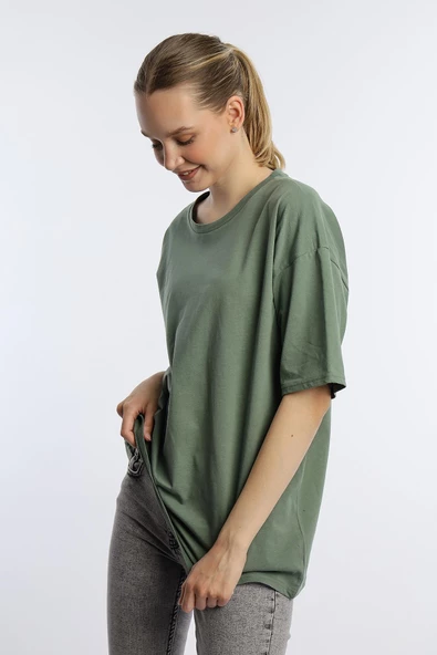 Kadın Oversize Bisiklet Yaka Tişört Yeşil - Resim 3