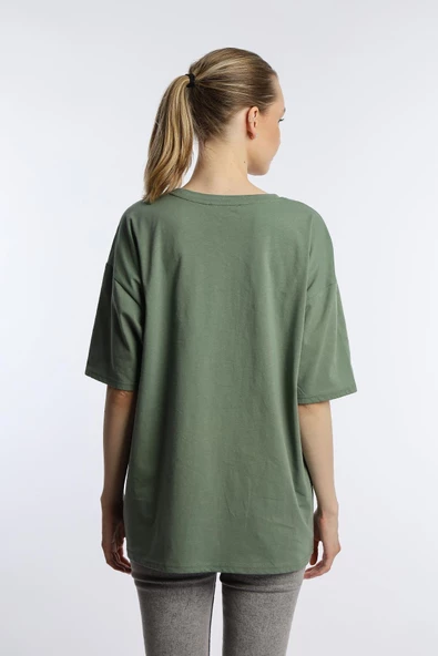 Kadın Oversize Bisiklet Yaka Tişört Yeşil - Resim 5