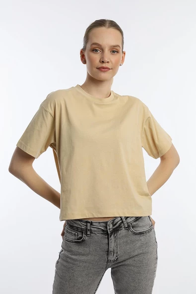 Kadin Oversize Fit Crop Tişört Bej - Resim 2