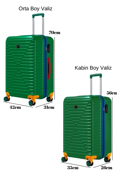 Orta Ve Kabin Boy 2'li Valiz Seti %100 Polikarbon Valiz 4x2 Teker Yeşil 1088 - Resim 2