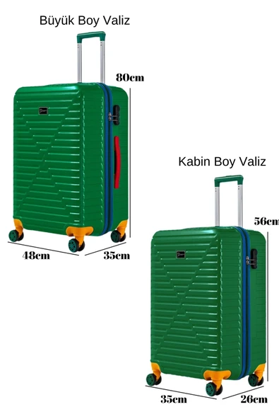 Büyük Ve Kabin Boy 2'li Valiz Seti %100 Polikarbon Valiz 4x2 Teker Yeşil 1088 - Resim 2