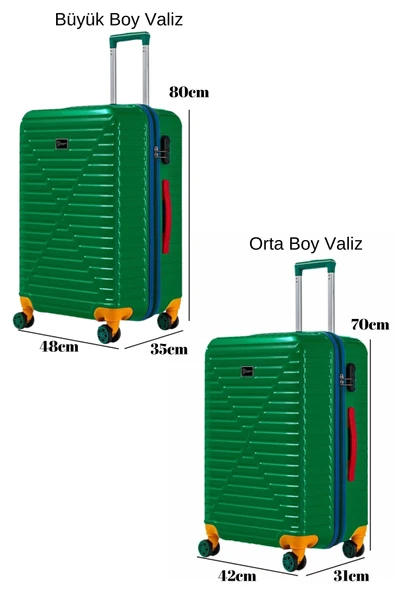 Büyük Ve Orta Boy 2'li Valiz Seti %100 Polikarbon Valiz 4x2 Teker Yeşil 1088 - Resim 2