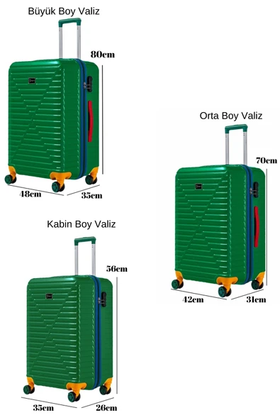 3'lü Valiz Seti %100 Polikarbon Valiz 4x2 Teker Yeşil 1088 - 2
