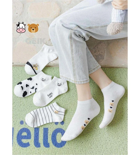 4 Çift Sevimli patik pandalı kalp Desenli Kadın/kız çorap dikişli ayak bileği düşük kesim genç Çorabı  36-41 - Resim 4