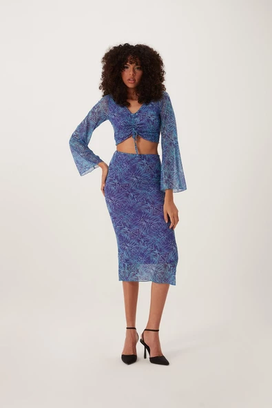 Kadın Ön Astarlı Mesh Crop Bluz Mavi - 2