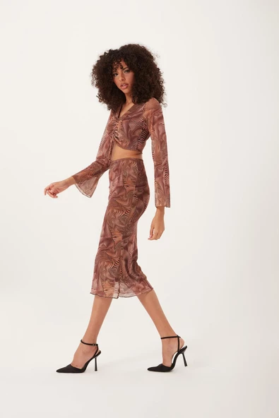 Kadın Ön Astarlı Mesh Crop Bluz Kahverengi - 3