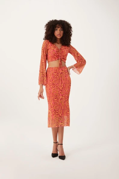 Kadın Ön Astarlı Mesh Crop Bluz Pembe - 2