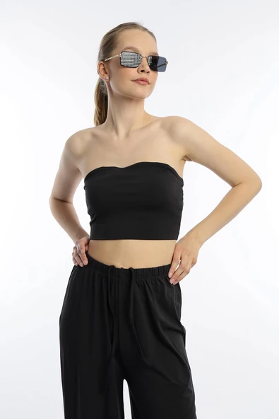 Kadın Allegro Kumaş Askısız Crop Top Siyah