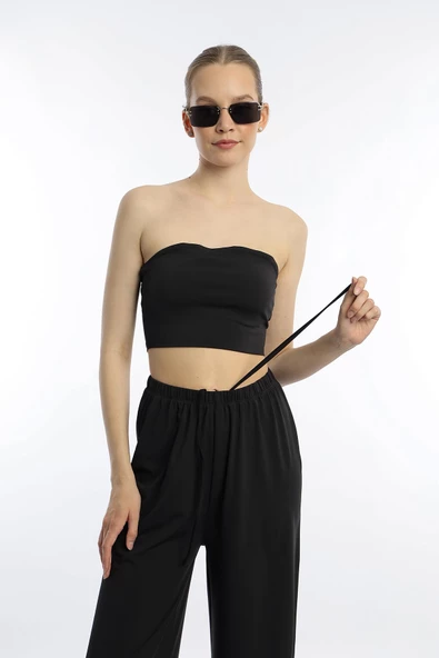 Kadın Allegro Kumaş Askısız Crop Top Siyah - 2