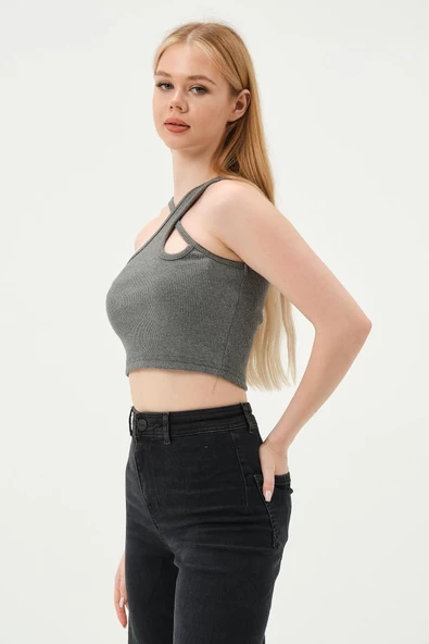 Kadın Askılı Crop Kaşkorse   Gri - 2
