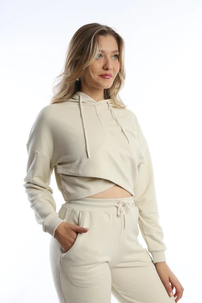 Kadın Kruvaze Detaylı Kapüşonlu Crop Sweat Ekru - 2
