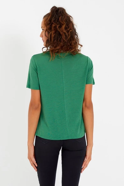 Kadın Tencel Kumaş V Yaka Parçalı T-shirt  Yeşil - 5